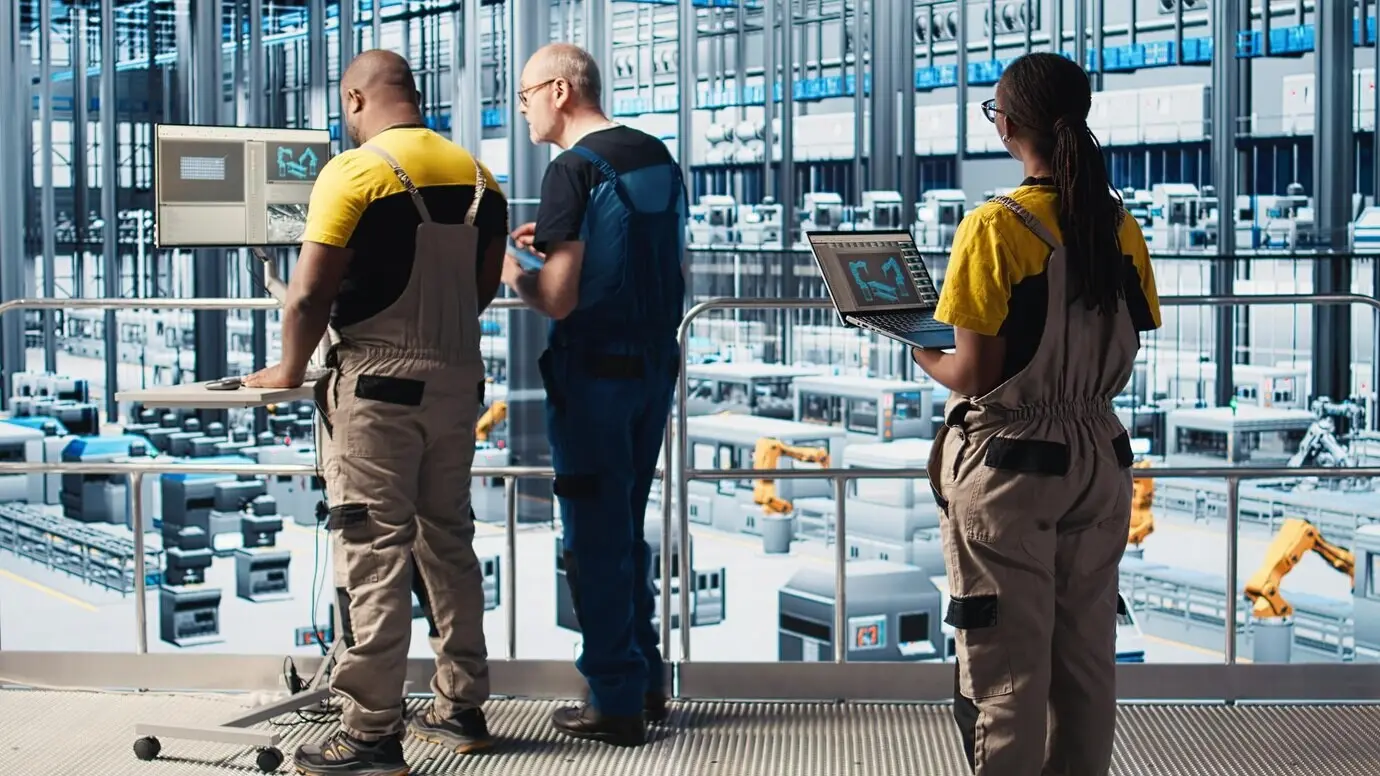Инженеры на промышленном предприятии Индустрии 4.0 контролируют автоматизированное оборудование.